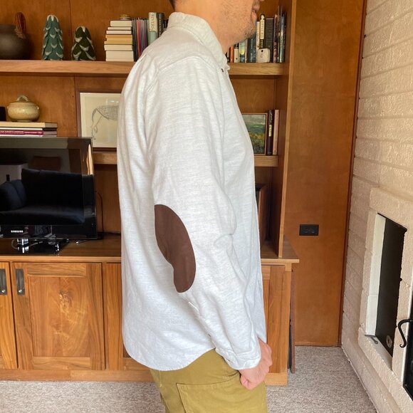 J Crew Shirt Men Large Light Gray Flannel Leather Elbow Patches - Picture 6 of 8